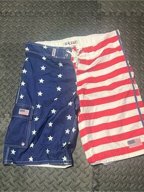 Exist Men's American Flag Board Shorts - Blue & White with Red Stripe Accents